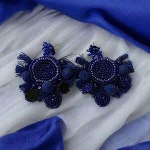 Elegant Blue Beaded Earrings with Pom Pom’s and Tassels